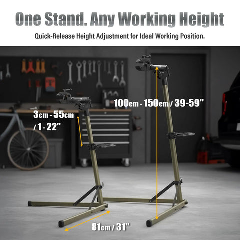 Lightweight Aluminum Bike Repair Stand Portable Work Stand For Mountain MTB And Road Bikes Height Adjustable From 39 To 59 Inches Holds Up To 55 Lbs For DIY Home Garage Use, displayed in a garage setting.