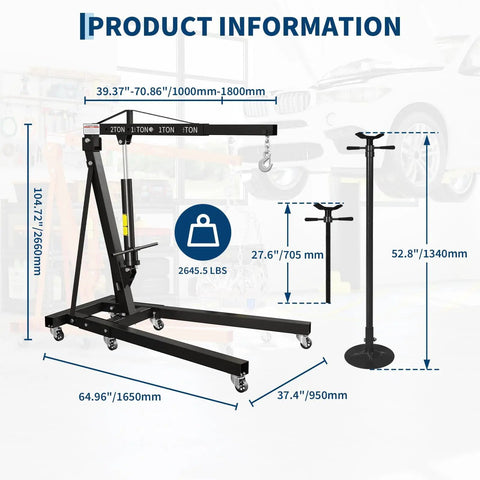 Heavy Duty Two Ton Folding Engine Hoist Paired With Three Quarter Ton Support Stand Rock Solid Steel Construction dimensions and features