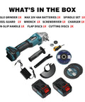Cordless 20V Angle Grinder Kit Heavy Duty With Four Inch And Four And A Half Inch Discs Brushless Motor Delivers Up To Eight Thousand Five Hundred RPM Four Speed Settings For Cutting Grinding Sharpening And Rust Removal Includes Two Batteries shown with accessories