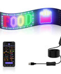 Programmable LED Sign Dope With USB 5V Power High Bright LED Matrix Panel Smart App Control DIY Text Patterns Waterproof Bendable Car Window Display 15x4 Inch showing 'FOOD' and app interface.