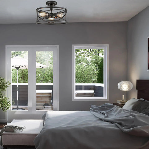 Farmhouse Black Ceiling Light 3 Light Rustic Metal Caged Fixture With Industrial Style in modern bedroom setting