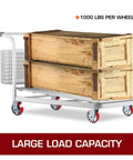 Heavy Duty Caster Set Of Four Six Inch Polyurethane Wheels That Glide Like Smoke With Dual Locking Brakes Solid Backbone Construction For Shop Cart And Tool Chest Upgrades Built To Handle The Grind mounted on a cart carrying wooden crates.