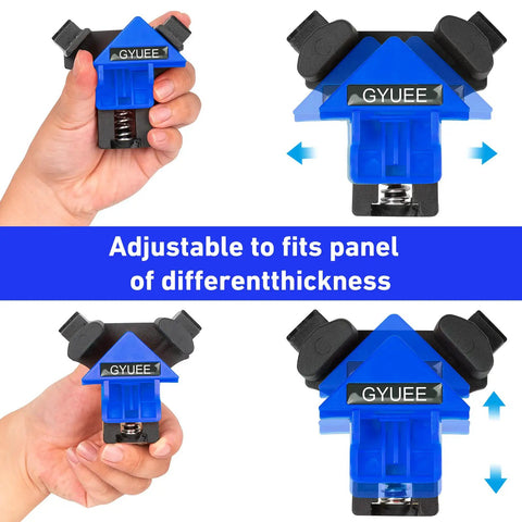 90 Degree Angle Clamps Set Of 4 For Woodworking, blue corner clips adjustable for different thickness panels.