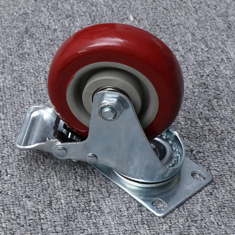 2pcs Dual Bearing Swivel Caster Wheels Red with Brake for Furniture, featuring a metal base and red TPR wheel.