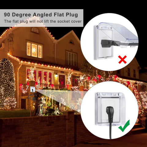 Outdoor 3 Outlet Power Splitter With 90 Degree Flat Plug 1 To 3 Way Outlet Adapter for holiday lights on house, plug details.