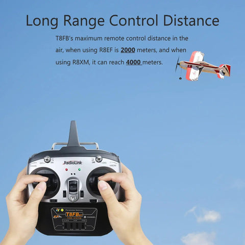 Person holding 8 Channel 2.4GHz RC Remote Transmitter With R8EF Receiver, Dual Stick Controller, airplane flying in sky