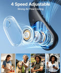 Neck Fan Portable Personal Cooling Device with 5000mAh Rechargeable Battery, visible in use in various outdoor settings.