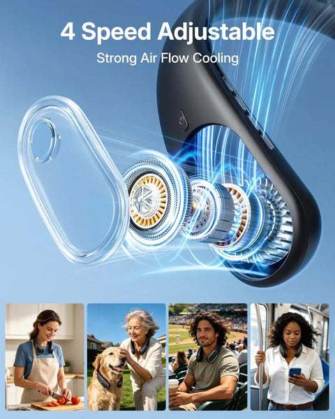 Neck Fan Portable Personal Cooling Device with 5000mAh Rechargeable Battery, visible in use in various outdoor settings.