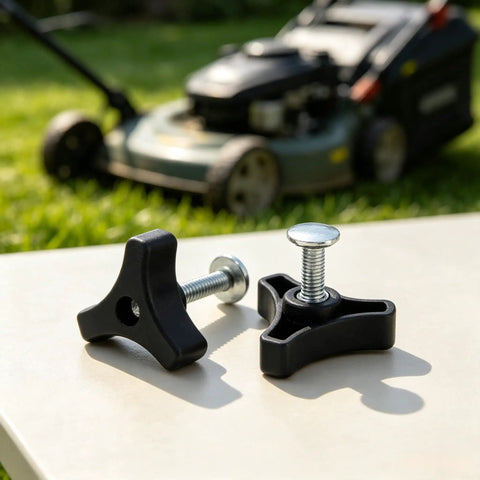 Heavy Duty Triangle Handle Knob Nut And Bolt Set For Lawn Mower Replacement 2 Pack Sturd Plastic Fastener 50 Mm Long Secure Connection Durable Parts, black