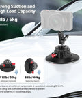 6 Inch Camera Suction Cup Mount With Ball Head Magic Arm attached to car hood, showcasing high load capacity and stability.