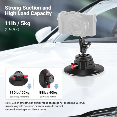 6 Inch Camera Suction Cup Mount With Ball Head Magic Arm attached to car hood, showcasing high load capacity and stability.