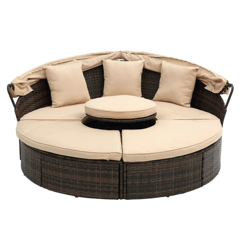 Retractable Outdoor Patio Round Wicker Rattan Daybed With Lift Table And Washable Cushions For Sun Drenched Lounge Sofa That Hits Different On Your Backyard Oasis