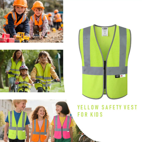 Top Shelf Kids Construction Vest Built Different For Street Ready Safety Featuring Heavy Duty 3M Reflective Strips Hitting Every Ansi Rule In Bold Yellow Polyester Keeps Your Little Crew Safe And Cool Daily, children wearing bright vests outdoors.