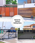Collage of Solar Sliding Gate Opener For Heavy Duty Driveway Gates Up To 2600 Lbs shown with various gate styles