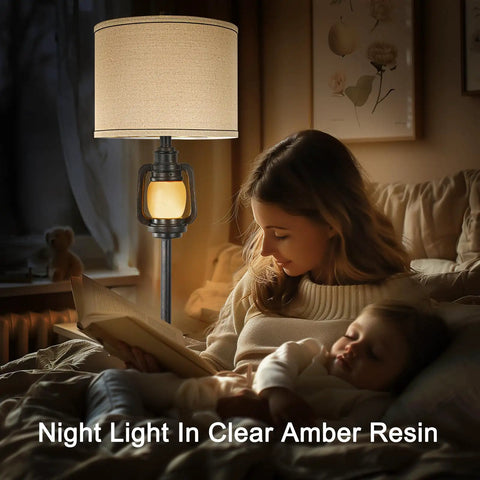 Vintage Industrial Floor Lamp With Linen Shade, Tall 63.5 Inch Standing Lamp For Living Room With Subtle Night Light