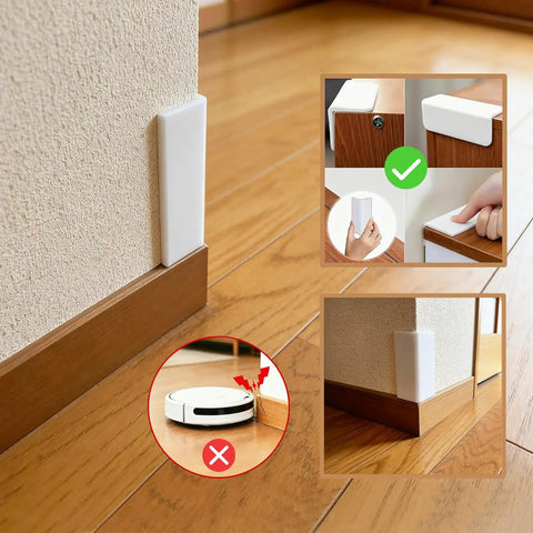 White Rubber Corner Protectors Self Adhesive Baseboard Guards on wall corner, showing peel stick installation and coverage.