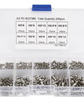 Premium Hex Bolt Set 240 Pieces Stainless Steel Kit With Assorted Sizes For DIY Projects At Home And Garage Rust Resistant Fasteners For Builders And Weekend Warriors. Clear case with 240 stainless steel bolts in M2 to M3 sizes.