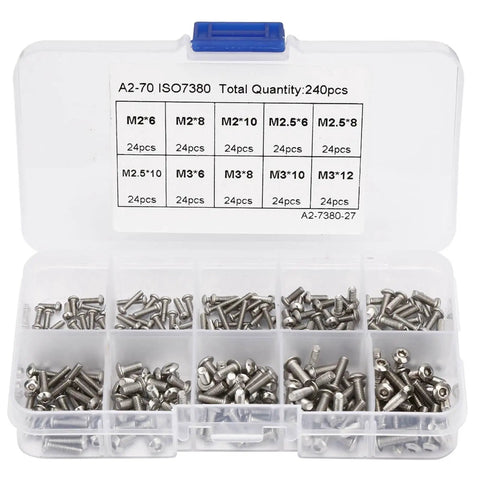 Premium Hex Bolt Set 240 Pieces Stainless Steel Kit With Assorted Sizes For DIY Projects At Home And Garage Rust Resistant Fasteners For Builders And Weekend Warriors. Clear case with 240 stainless steel bolts in M2 to M3 sizes.