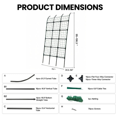 8.8 Foot Leanto Garden Trellis dimensions and components, including PE-coated tubes, netting, connectors, cable ties for climbing plants.