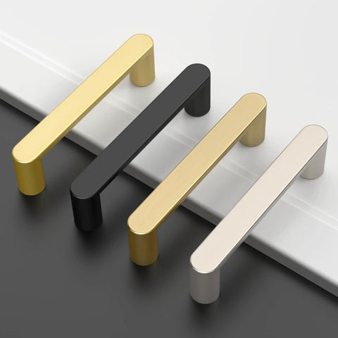 10 Pack Matte Black Kitchen Cabinet Pulls 3.75 Inch Hole Centers Modern Hardware angled view with three color variations