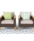 Two wicker armchairs with beige cushions and green pillows, part of All Weather Outdoor Patio Furniture Set with High Back Wicker Sofa for cozy conversation.
