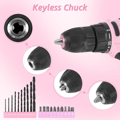Pink 12 Volt Cordless Drill Kit With 21 Piece Driver And Drill Bit Set 25 Plus 1 Torque Settings Three Eighth Inch Keyless Chuck