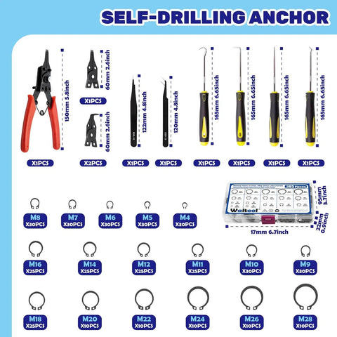 Must Have Ultimate C Clip External Retaining Ring Set With 4 In 1 Snap Ring Pliers And Precision Hooks For Grooved Shafts Pins And Studs, 395 Pieces In 17 Sizes Alloy Steel Case Included Waltool display with tools and parts.