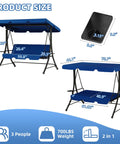 Cozy Three Seat Patio Swing With Adjustable Canopy And Built In Side Tables, dimensions and size shown in blue color.