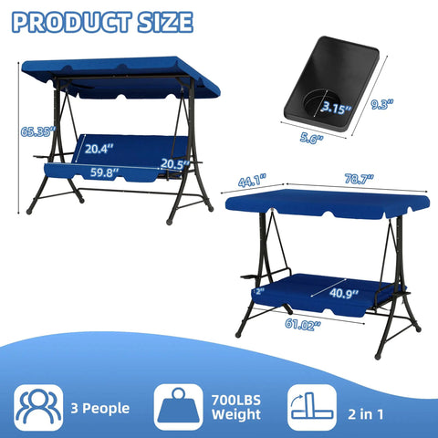 Cozy Three Seat Patio Swing With Adjustable Canopy And Built In Side Tables, dimensions and size shown in blue color.