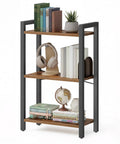 Narrow Three Tier Bookshelf For Tiny Spots, Heavy Duty Steel Rack In Rustic Brown And Matte Black, featuring books and decor.