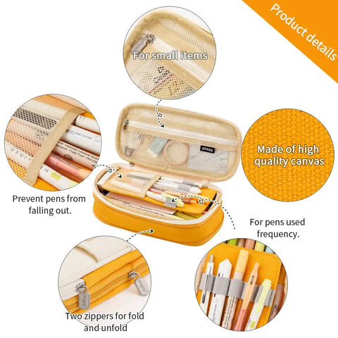 Ultra Large Capacity Pencil Case For School And Office Fits Up To 50 Pens Or 90 Pencils Two Tier Mesh Pocket Organizer Bright Yellow