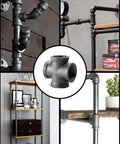 Black 4 Way Cross Pipe Fitting Connector montage with DIY furniture and decor showcases, 1/2 inch malleable iron fitting center.