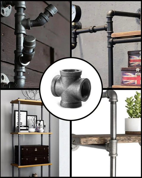 Black 4 Way Cross Pipe Fitting Connector montage with DIY furniture and decor showcases, 1/2 inch malleable iron fitting center.