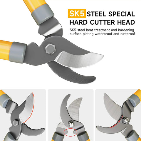 Bypass Garden Loppers For Pruning, 16 Inch Shears With SK5 High Carbon Steel Blades, close-up of cutter head, comfortable rubber grip