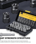14 Piece Pro Grade Bolt Extractor Kit With Impact Nut Remover Set And Three Eighths Inch Adapter in open portable tool box