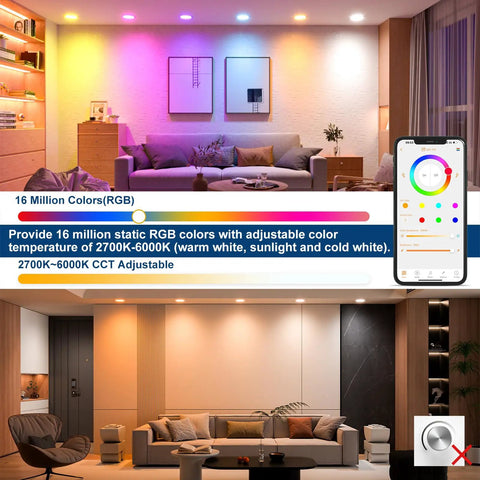 Smart RGBCW Recessed Lighting Kit 4 Inch 12W LED Downlights With Junction Box, 1080 Lumen Color Changing Ceiling Light