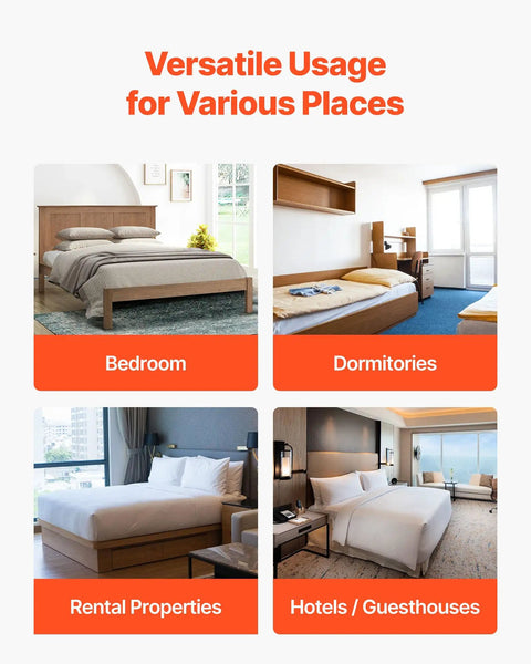 Twin Size Foldable Bunkie Board 35X71 Heavy Duty Wooden Bed Slat Foundation shown in bedroom, dormitory, rental, and hotel settings.