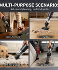 Super Handy 4 In 1 Cordless Car Vacuum with 18000Pa Suction shown cleaning desk, hardfloor, pet hair on carpet, and car interior.