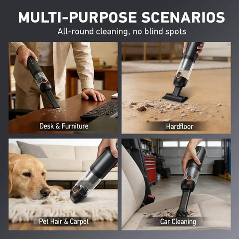 Super Handy 4 In 1 Cordless Car Vacuum with 18000Pa Suction shown cleaning desk, hardfloor, pet hair on carpet, and car interior.