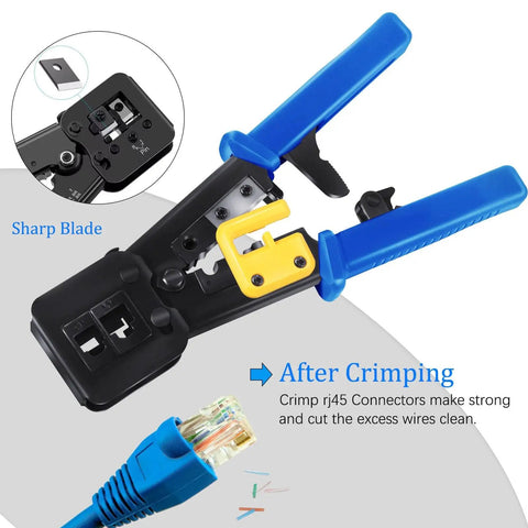 RJ45 Crimp Tool Kit For Cat6 Cat5e Cat5 Ethernet With Pass Through Connectors, Wire Stripper, Replacement Blade, Covers