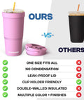 Slick 30 Oz Double Wall Insulated Tumbler Locks Temperature On Coffee Or Soda All Damn Day Long Baby Blue Stainless Steel Mug With Secure Lid Crafted For Weekend Warriors And The Daily Commute next to a black tumbler, showcasing features and lid design.