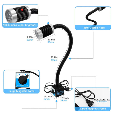 Magnetic Work Light With Flexible Gooseneck LED Lamp, 900 Lumen, 20 Inch Double Layer Hose, Heavy Duty Magnetic Base features