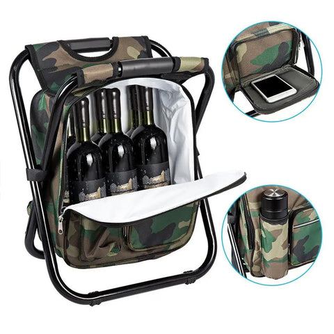 Go-To Multifunction Folding Cooler And Stool Backpack For Outdoor Adventures with wine bottles in camo design compartments