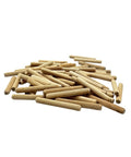 Heavy Duty 1/4 Inch By 2 Inch Kiln Dried Birch Wood Dowel Pins 100 Pack piled together showing fluted grooves for furniture assembly.