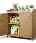 Outdoor Potting Bench With Metal Tabletop And Double Doors Garden Work Bench For Backyard Patio And Lawn, Weatherproof Wooden Storage Cabinet With Adjustable Shelf In Natural Finish