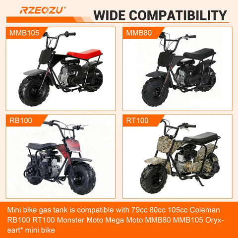 Wide compatibility of Mini Bike Gas Fuel Tank Kit Replacement For Mega Moto MMB80 MMB105 Coleman RB100 RT100 Oryxearth 105cc Minibike.