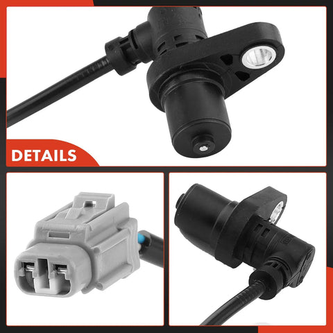 Set Of Two Front Abs Wheel Speed Sensors For Toyota Camry And Lexus Es350 Oem Parts Plug And Play No Sweat Install Straight Replacement Tight Fitment Guarantees Smooth Daily Handling And Reliable Traction Control Functionality close-up of black ABS wheel speed sensor with gray connector and wires.