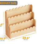 Three Tier Montessori Style Wooden Bookshelf For Toddlers with front-facing 3 tiers, natural finish, dimensions 29.6 x 27.6 x 10.7 inches.