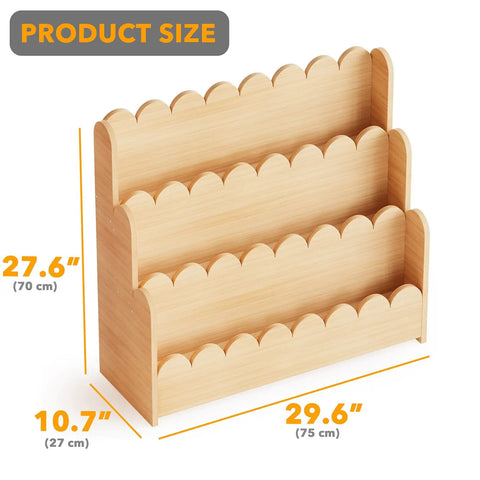 Three Tier Montessori Style Wooden Bookshelf For Toddlers with front-facing 3 tiers, natural finish, dimensions 29.6 x 27.6 x 10.7 inches.