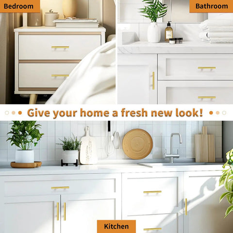 Top Tier Stainless Steel T Bar Cabinet Pulls In A Knockout Gold Finish shown in bedroom, bathroom, and kitchen settings, 3 3/4 Inch size.